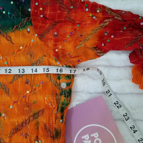 Indian summery tunic dress beautiful detail Medium orange red green - Picture 3 of 7